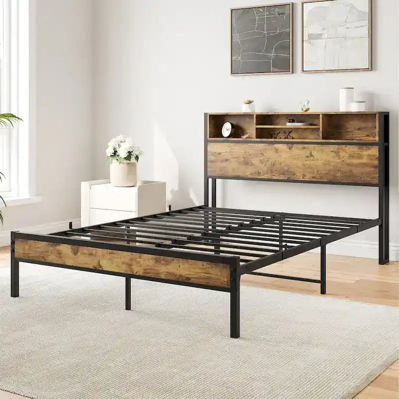 Full Size Bed Frame with Storage Headboard