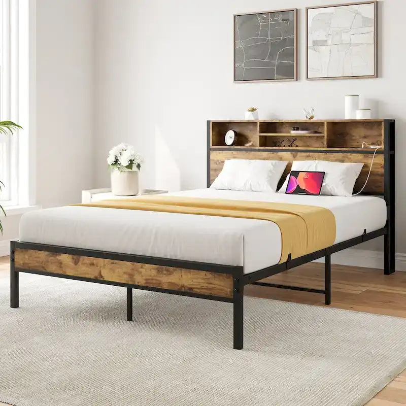 Full Size Bed Frame with Storage Headboard