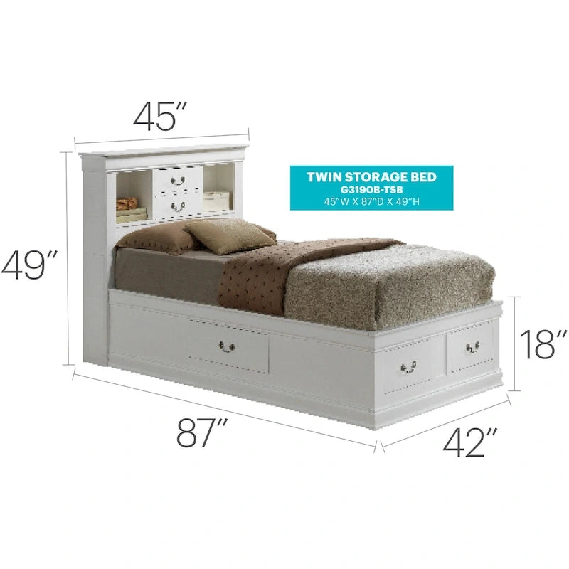 Louis Philippe Twin Storage Platform Bed with 6 Storage Drawers