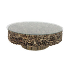 Driftwood Handmade Collage and Pedestal Base Coffee Table with Tempered Glass Top - Brown - Roche River Decor