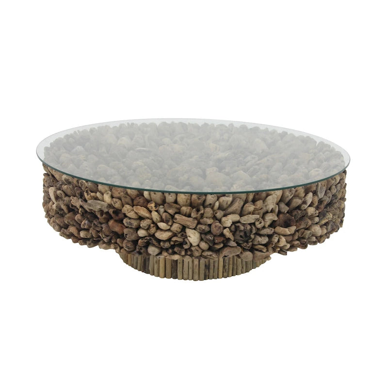 Driftwood Handmade Collage and Pedestal Base Coffee Table with Tempered Glass Top - Brown - Roche River Decor
