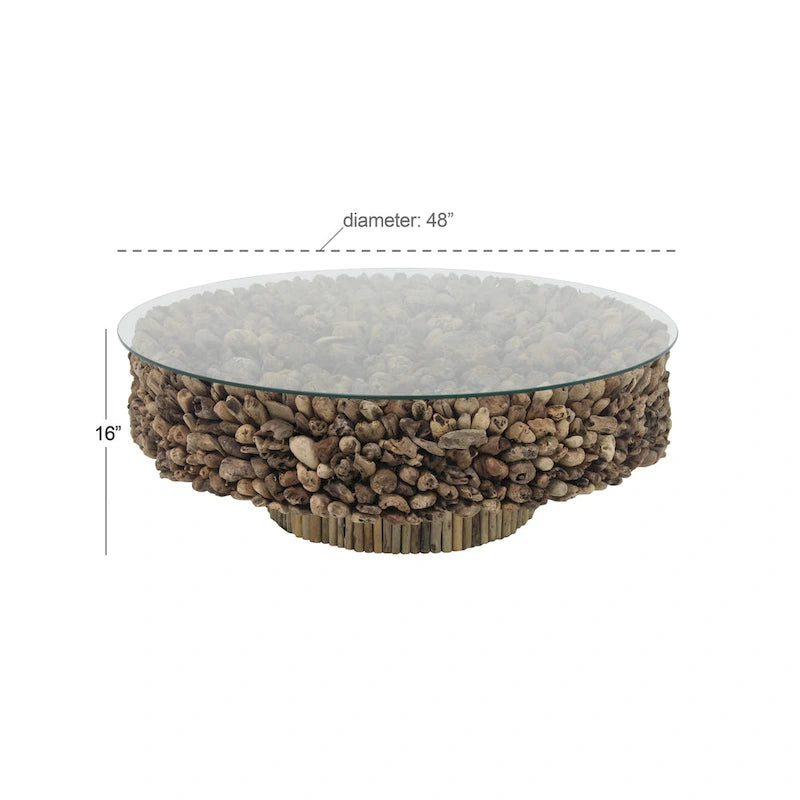 Driftwood Handmade Collage and Pedestal Base Coffee Table with Tempered Glass Top - Brown - Roche River Decor