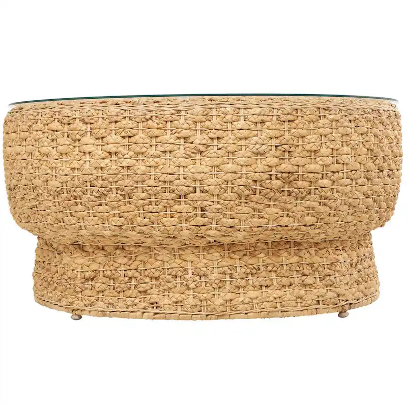 Rattan and Seagrass Handmade Woven Tapered Coffee Table or Accent Table with Glass Top Brown Roche River Decor