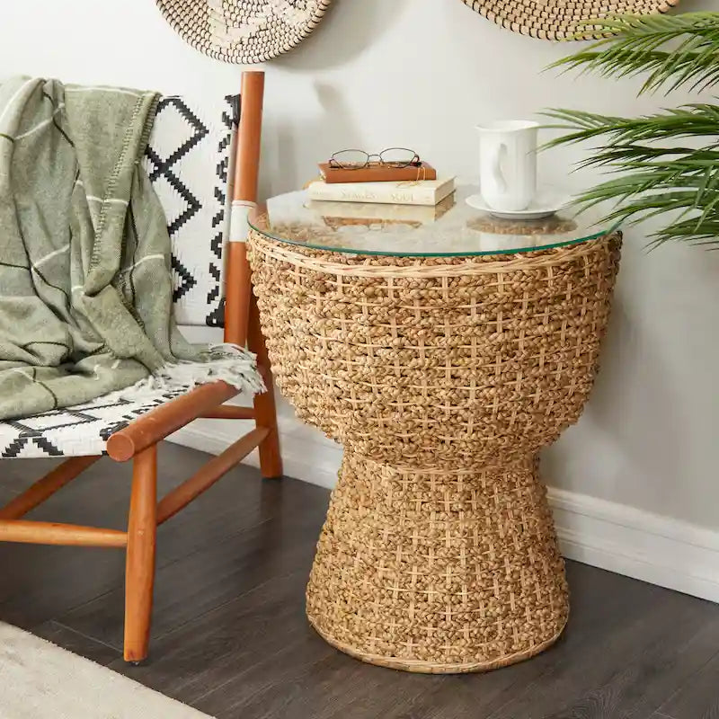 Rattan and Seagrass Handmade Woven Tapered Coffee Table or Accent Table with Glass Top Brown Roche River Decor