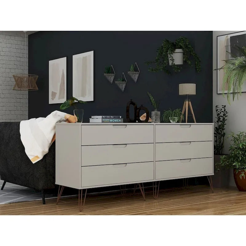 Manhattan Comfort Rockefeller 6-Drawer Double Low Dresser with Metal Legs