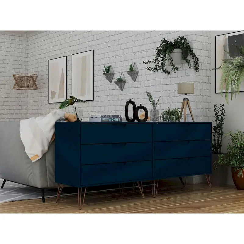 Manhattan Comfort Rockefeller 6-Drawer Double Low Dresser with Metal Legs