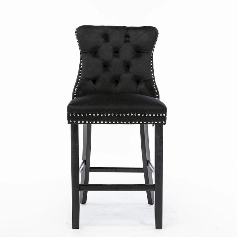 Contemporary Velvet Upholstered Barstools with Button Tufted Decoration and Wooden Legs, and Chrome Nailhead Trim, Set of 2