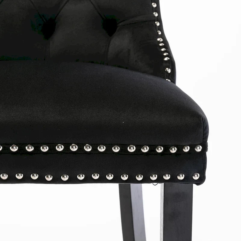 Contemporary Velvet Upholstered Barstools with Button Tufted Decoration and Wooden Legs, and Chrome Nailhead Trim, Set of 2