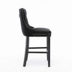 Contemporary Velvet Upholstered Barstools with Button Tufted Decoration and Wooden Legs, and Chrome Nailhead Trim, Set of 2