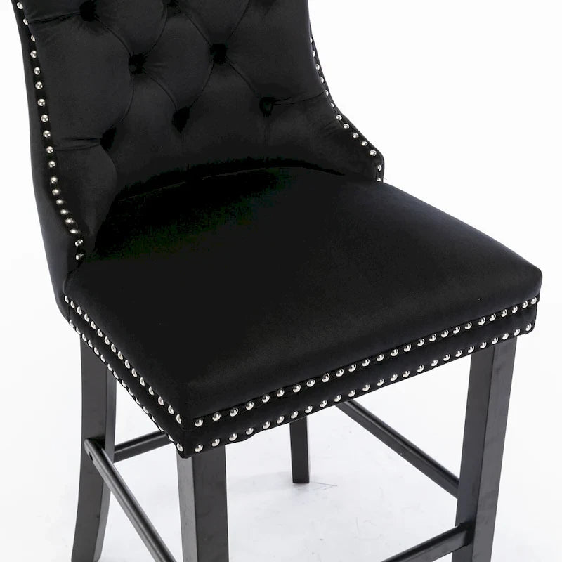 Contemporary Velvet Upholstered Barstools with Button Tufted Decoration and Wooden Legs, and Chrome Nailhead Trim, Set of 2