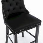 Contemporary Velvet Upholstered Barstools with Button Tufted Decoration and Wooden Legs, and Chrome Nailhead Trim, Set of 2
