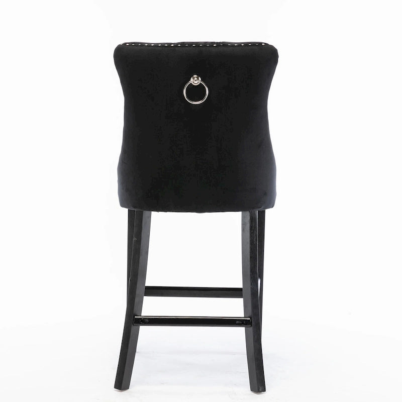 Contemporary Velvet Upholstered Barstools with Button Tufted Decoration and Wooden Legs, and Chrome Nailhead Trim, Set of 2