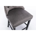 Contemporary Velvet Upholstered Barstools with Button Tufted Decoration and Wooden Legs, and Chrome Nailhead Trim, Set of 2