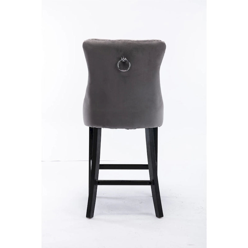 Contemporary Velvet Upholstered Barstools with Button Tufted Decoration and Wooden Legs, and Chrome Nailhead Trim, Set of 2