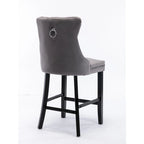 Contemporary Velvet Upholstered Barstools with Button Tufted Decoration and Wooden Legs, and Chrome Nailhead Trim, Set of 2