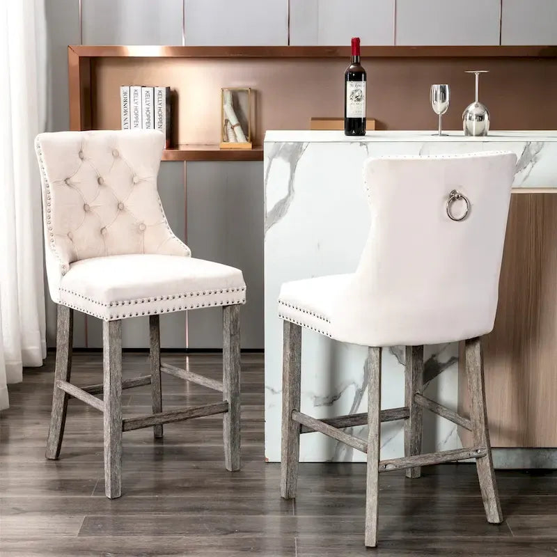 Contemporary Velvet Upholstered Barstools with Button Tufted Decoration and Wooden Legs, and Chrome Nailhead Trim, Set of 2