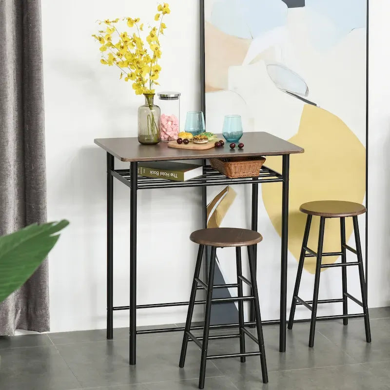 HOMCOM 3 Piece Bar Height Dining Furniture Set with 1 Table, 2 Matching Stools and Metal Frame Footrest