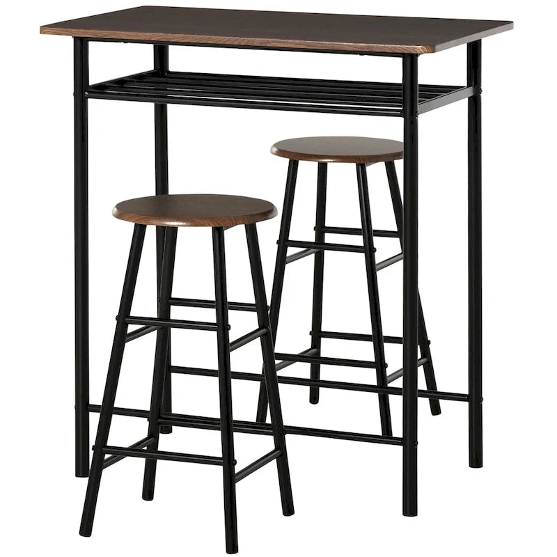 HOMCOM 3 Piece Bar Height Dining Furniture Set with 1 Table, 2 Matching Stools and Metal Frame Footrest