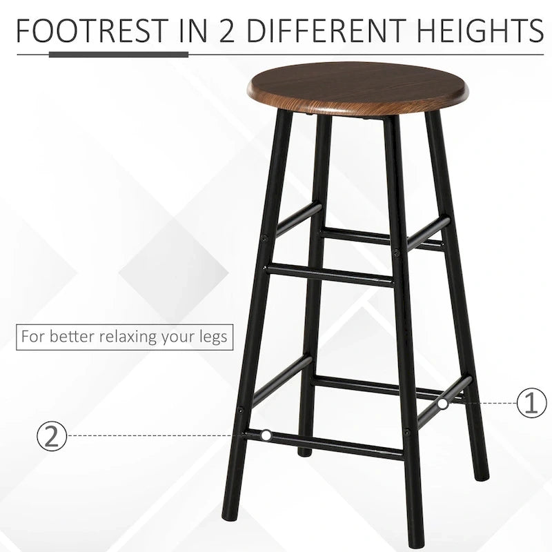 HOMCOM 3 Piece Bar Height Dining Furniture Set with 1 Table, 2 Matching Stools and Metal Frame Footrest
