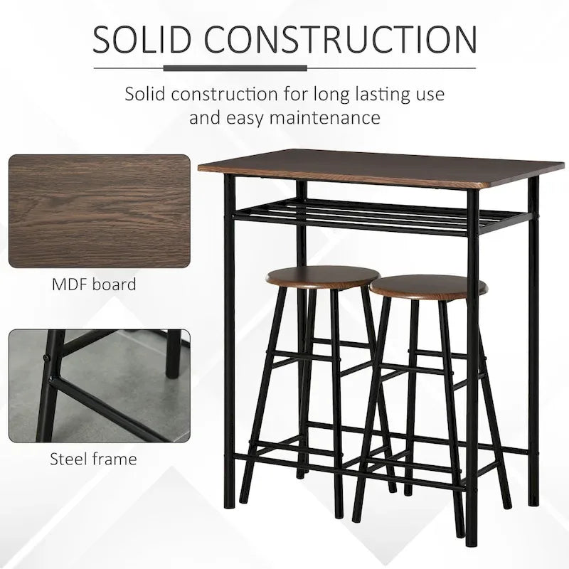 HOMCOM 3 Piece Bar Height Dining Furniture Set with 1 Table, 2 Matching Stools and Metal Frame Footrest