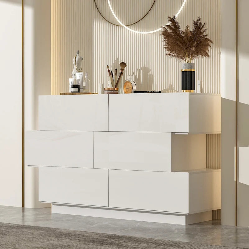 High Glossy Six-Drawer Dresser Chest with Off-Set Design (Black/White)