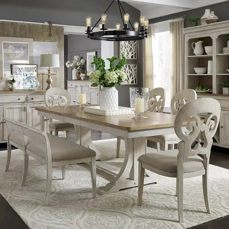 Farmhouse Reimagined Antique White with Chestnut 6 Piece Trestle Table Set