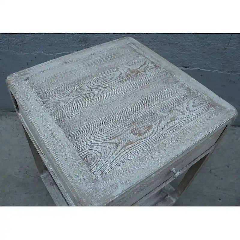 Peking Square Side Table w/Drawer, 27Inch Tall, White Wash
