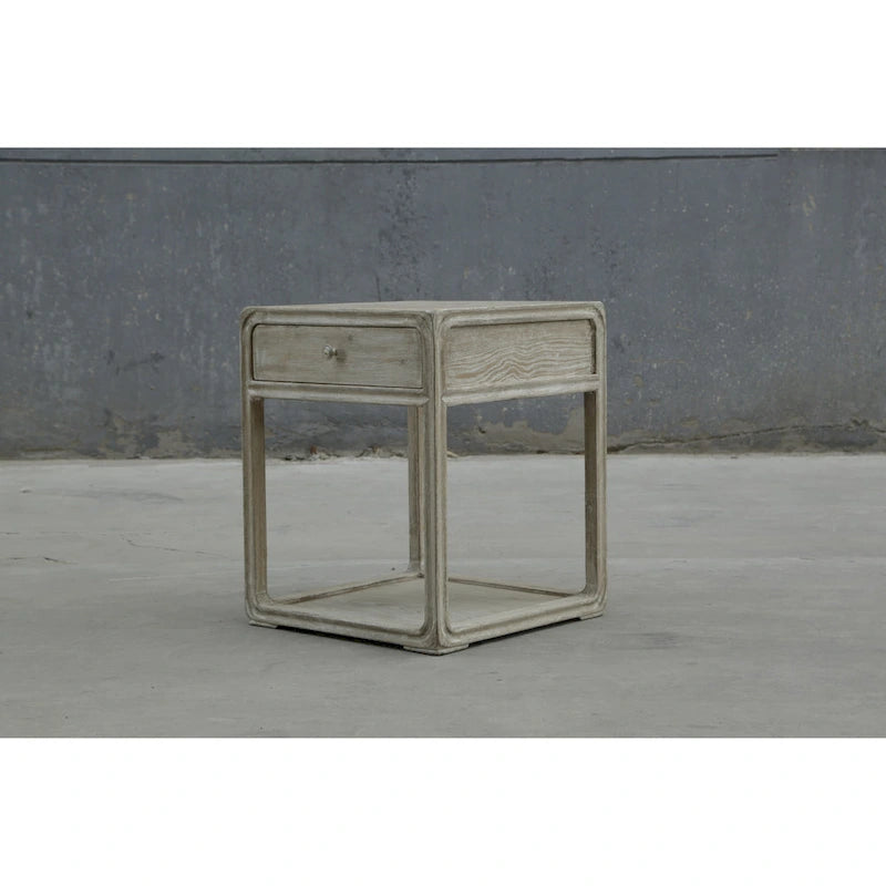 Peking Square Side Table w/Drawer, 27Inch Tall, White Wash