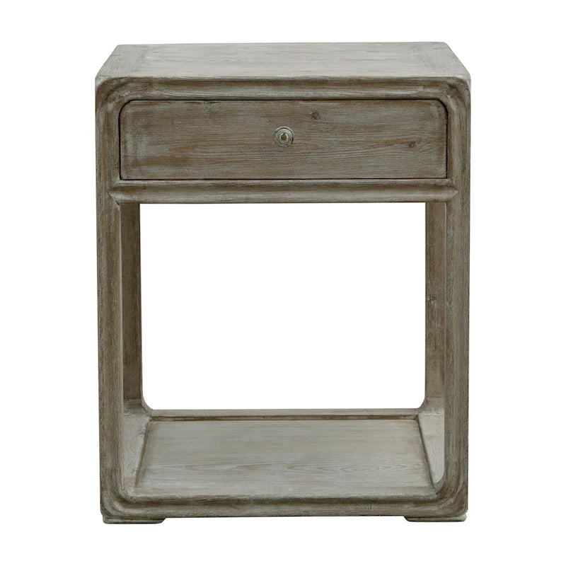 Peking Square Side Table w/Drawer, 27Inch Tall, White Wash