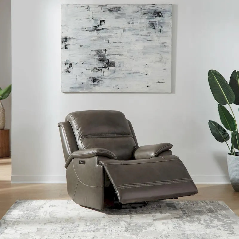 Bentley Leather Power Recliner - Graphite Grey Upholstered Arm Chair