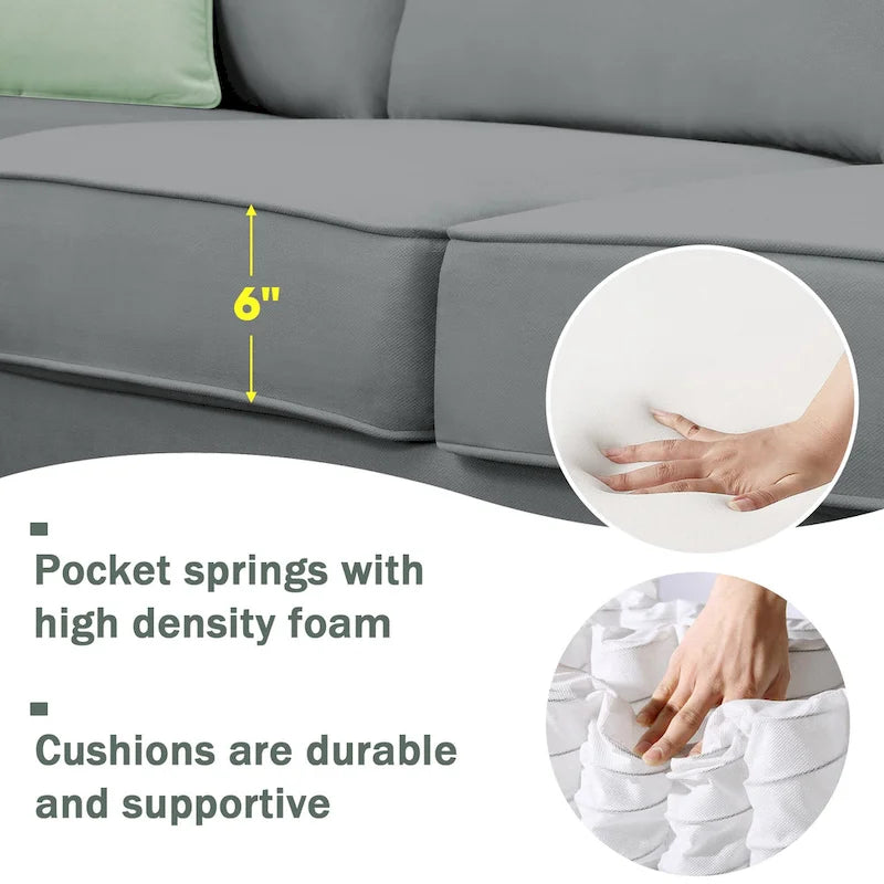 112*87 Sectional Sofa Couches Living Room Sets 7 Seats Modular Sectional Sofa with 3 Pillows, Grey