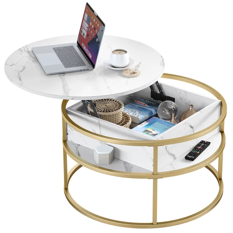 Round Lift Top Coffee Table White Marbling Top and Gold Frame