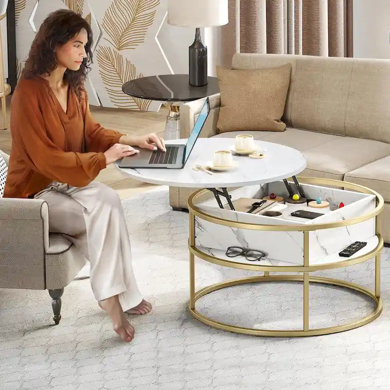Round Lift Top Coffee Table White Marbling Top and Gold Frame