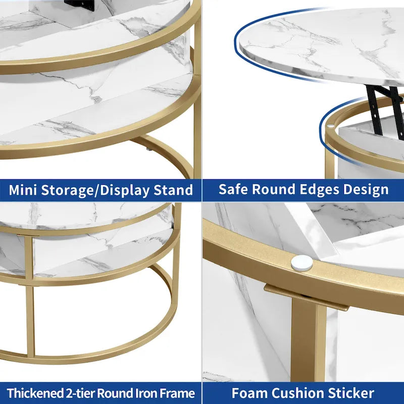 Round Lift Top Coffee Table White Marbling Top and Gold Frame