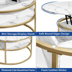 Round Lift Top Coffee Table White Marbling Top and Gold Frame