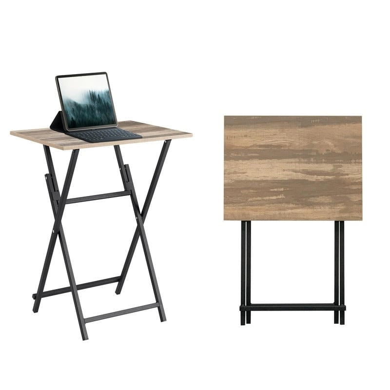 2-Piece Folding TV Tray Table Noassembly Required Portable Sofa Side Table,Snack Table for Small Spaces, Rustic Brown and Black