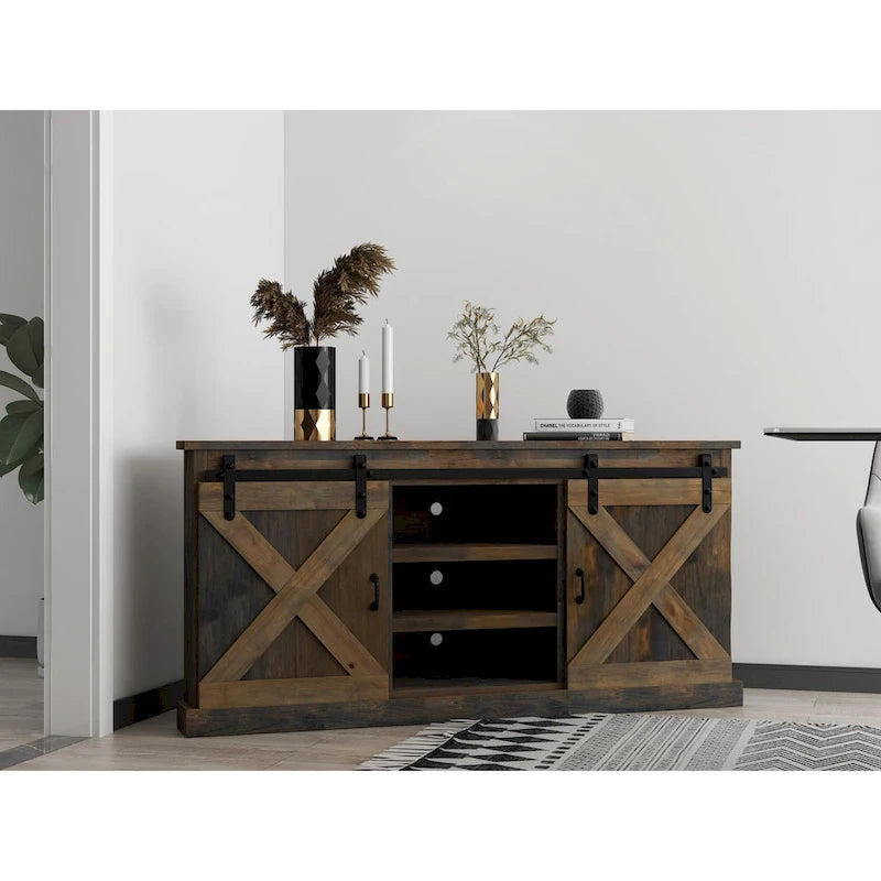 Bridgevine Home Farmhouse 66 inch Corner TV Stand for TVs up to 80 inches, No Assembly Required, Barnwood Finish