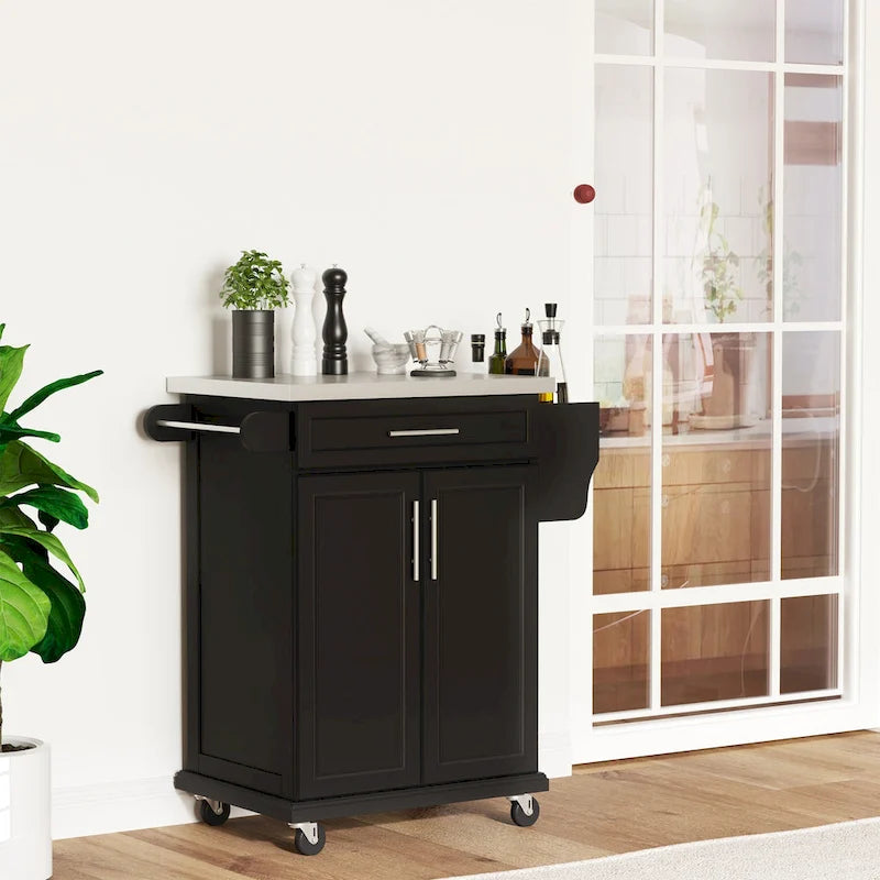 HOMCOM Rolling Kitchen Island Utility Storage Cart With Drawer, Spice Rack & Wheels - Black