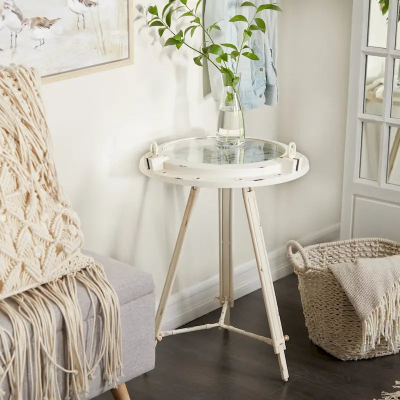 Metal Compass Accent Table with Clock and Clear Glass Top - White or Black - Roche River Decor