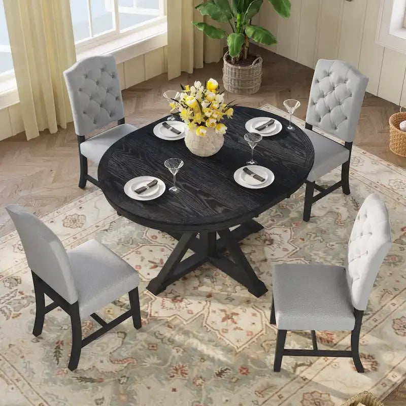 Dining Table Set with Extendable Table and 4 Upholstered Chairs