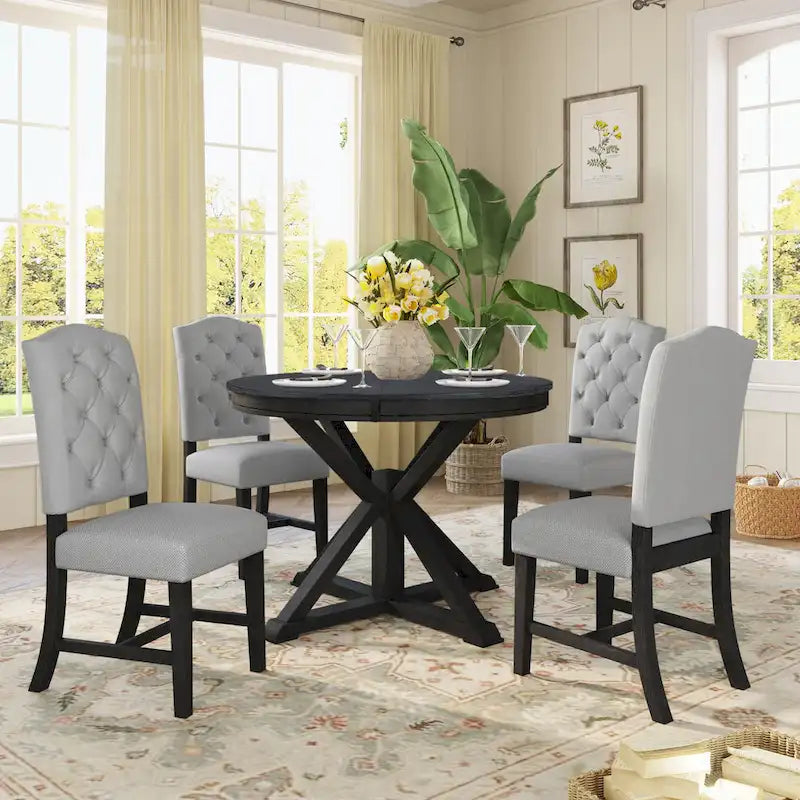 Dining Table Set with Extendable Table and 4 Upholstered Chairs