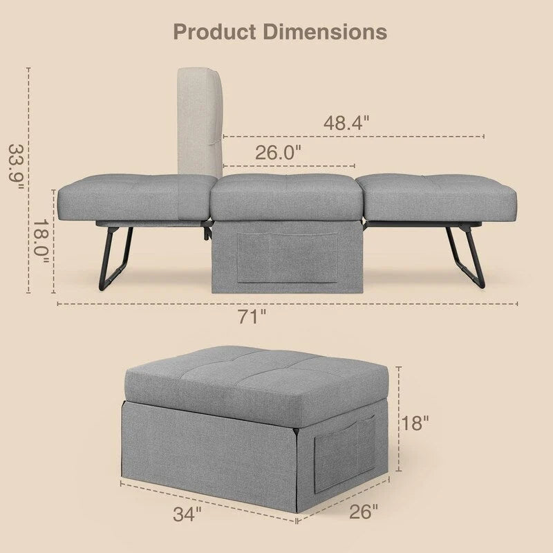4 in 1 Convertible Sofa Bed Sleeper Sofa Chair Couch Bed, Lounger Adjustable Folding Ottoman Backrest for Living Room, Bedroom