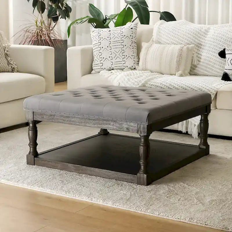 Cairona Tufted Bi-cast leather 34-Inch Shelved Ottoman Table