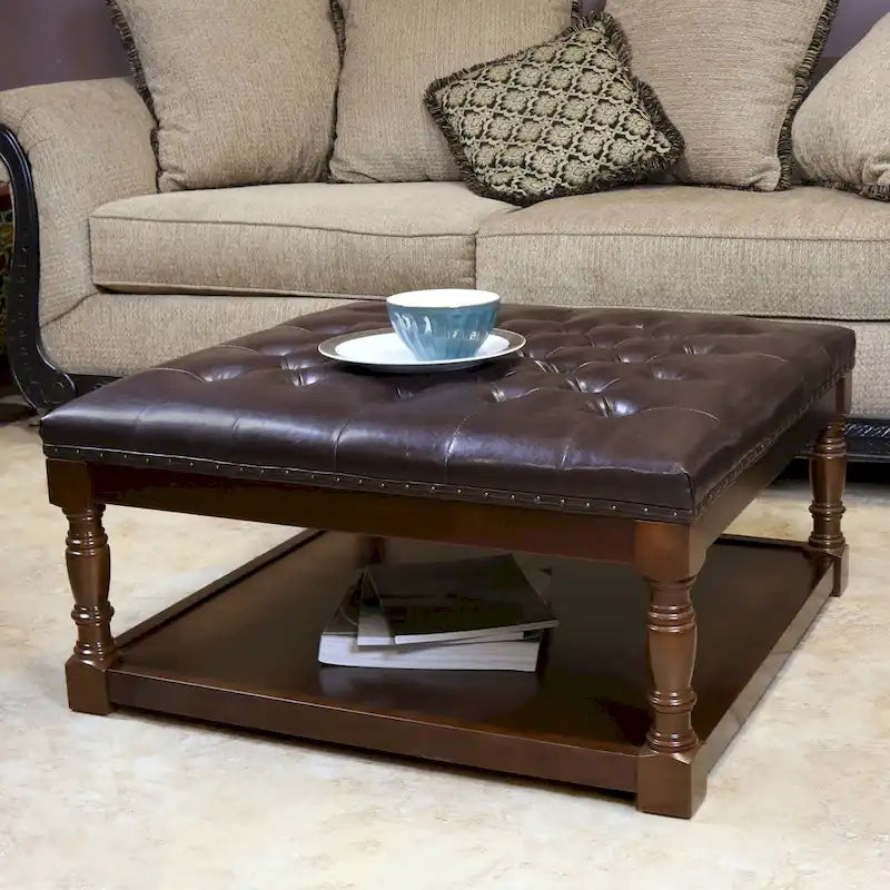 Cairona Tufted Bi-cast leather 34-Inch Shelved Ottoman Table