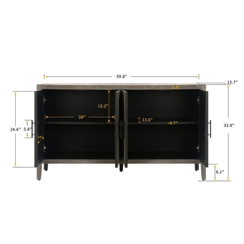 4 Door Wooden Twill Sideboard American Country Vintage Old Living Room Dining Room Hallway Entryway Cabinet