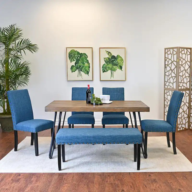 Roundhill Furniture Amisos 6-Piece Dining Set, Hairpin Dining Table with 4 Chairs and Upholstery Bench