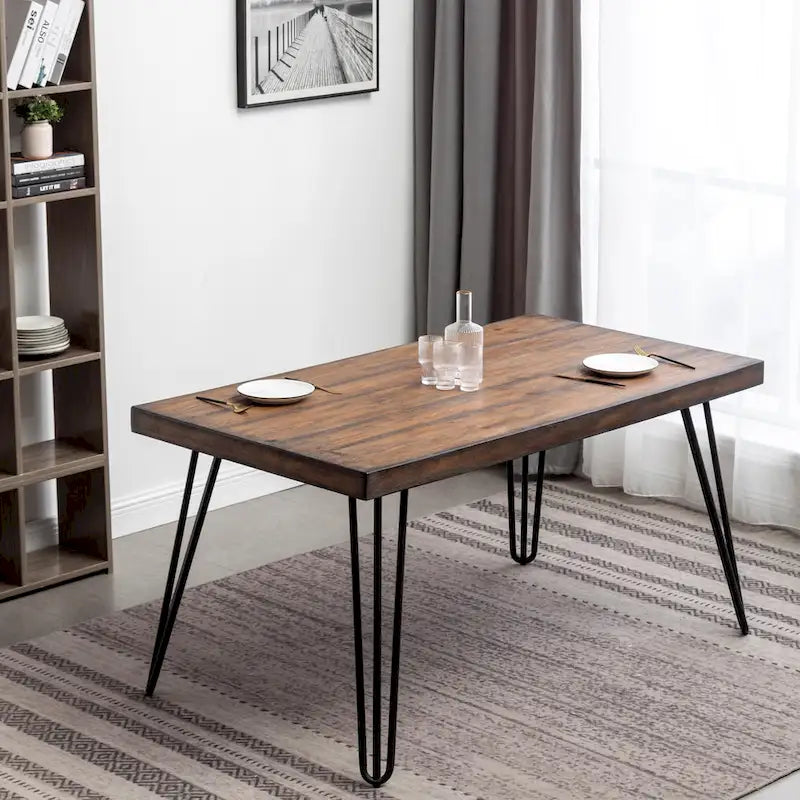 Roundhill Furniture Amisos 6-Piece Dining Set, Hairpin Dining Table with 4 Chairs and Upholstery Bench