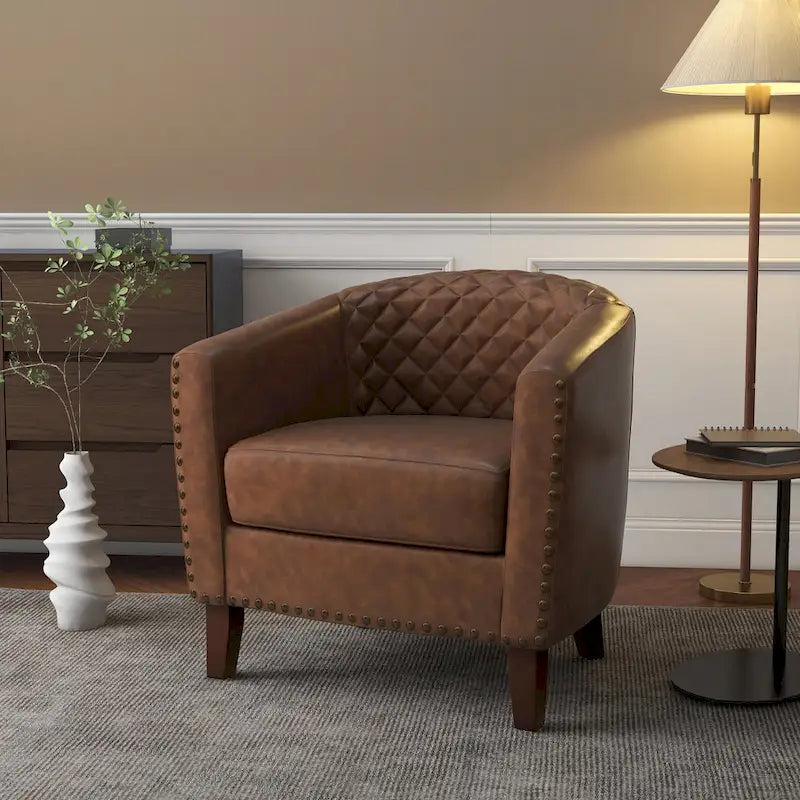 Modern Armchair Faux Leather Nailhead Trim Swivel Accent Chair