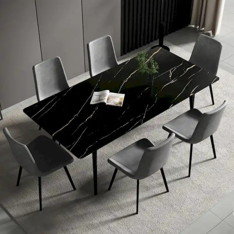 70.8 inch rectangular white kitchen dining table, with a sintered stone marble tabletop, metal legs