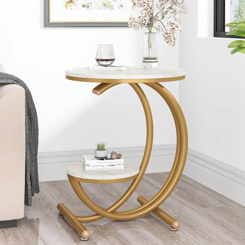 2-Tier Round Marble End Table with Storage Shelf (Modern/Industrial)